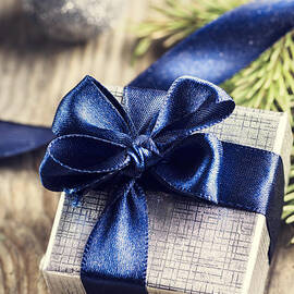 Christmas Present with Blue Ribbon by Jelena Jovanovic