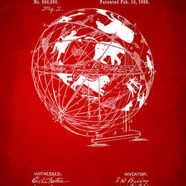 1886 Terrestro Sidereal Globe Patent Artwork - Red by Nikki Marie Smith
