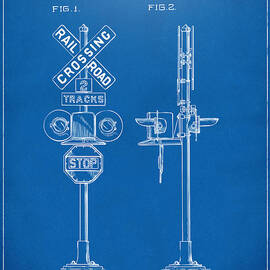 1936 Rail Road Crossing Sign Patent Artwork - Blueprint by Nikki Marie Smith
