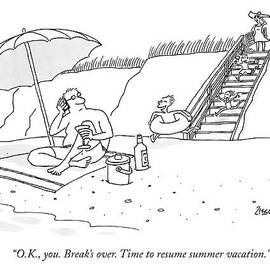 A Dad Seated Beneath An Umbrella At The Beach by Jack Ziegler