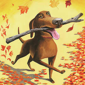 A Dog Carries A Stick Through Fall Leaves by Mark Ulriksen