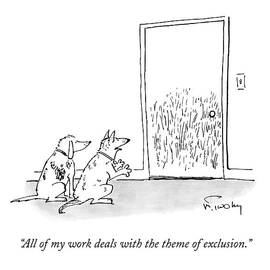 A Dog Speaks To Another Dog In Front Of A Closed by Mike Twohy