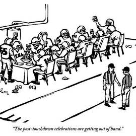 A Football Team Enjoys A Seated Dinner With Wine by Drew Dernavich