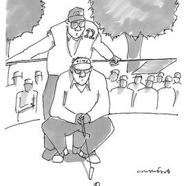 A Golf Caddy Looks Over A Kneeling Golfer Who by Michael Crawford