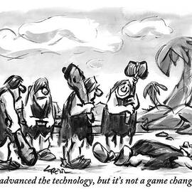 A Group Of Cavemen Stand Together With One Lying by Lee Lorenz