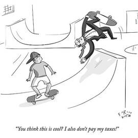 A Guy In A Suit Does A Flip On A Skateboard by Farley Katz