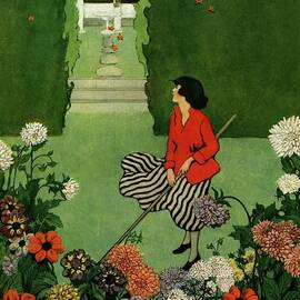 A House And Garden Cover Of A Woman Raking Leaves by Ethel Franklin Betts Baines