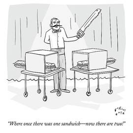 A Magician Holding A Saw Shows Two Boxes by Farley Katz