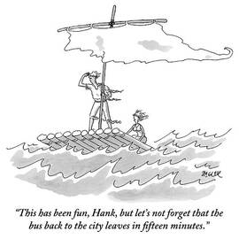 A Man And Woman Are Seen On A Raft With A Sail by Jack Ziegler