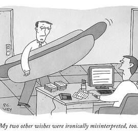 A Man Carrying A Giant Hot Dog Speaks To Another by Peter C. Vey