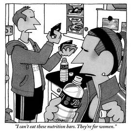 A Man Holds Women's Power Bars In His Hands by William Haefeli