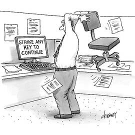 A Man In An Office Cubicle Holds A Chair by Tom Cheney