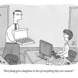 A Man In An Office Hands Out Donuts To Employees by Peter C. Vey