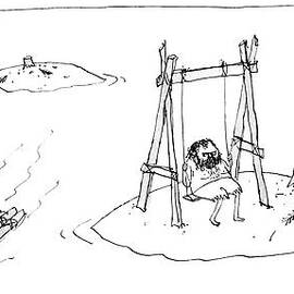 A Man On A Raft Paddles Away From A Desert Island by Edward Steed