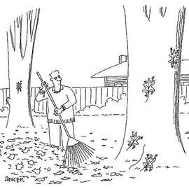 A Man Rakes Leaves While Four Leaves Scurry by Jack Ziegler