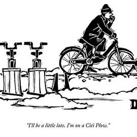 A Man Rides A Bicycle With A Snow Plow Attached by Drew Dernavich