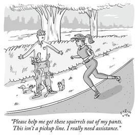 A Man Standing By A Path Is Covered In Squirrels by Farley Katz