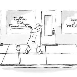 A Man Walks Past Two Shops by Jack Ziegler