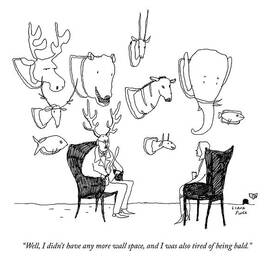 A Man With A Wall Full Of Taxidermy Has Antlers by Liana Finck