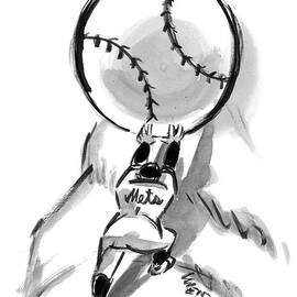 A Mets Player Pushes A Giant Baseball by Lee Lorenz