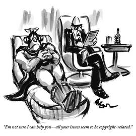 A Superhero Lays In A Chair Talking by Lee Lorenz