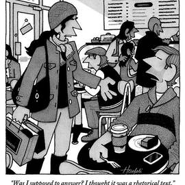 A Woman Approaches A Man At A Cafe And Speaks by William Haefeli