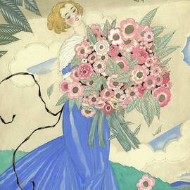 A Woman In A Blue Dress Holding A Bouquet by Georges Lepape