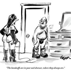 A Woman In Leather Dominatrix Clothing Holds by Lee Lorenz