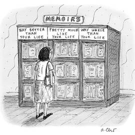 A Woman Stands In Front Of A Bookshelf Of Memoirs by Roz Chast
