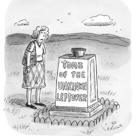 A Woman Stands In Front Of A Tomb With A Bowl by Roz Chast