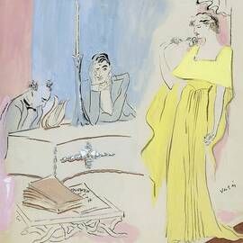 A Woman Wearing A Maggy Rouff Gown Facing Two Men by Marcel Vertes