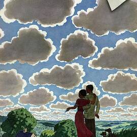 A Young Couple And Their Dogs On A Hilltop by Pierre Brissaud