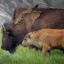 Adult And Baby Bison In A Stormy Meadow by Dean Fikar