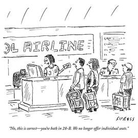 An Airline Concierge Checks The Computer For Two by David Sipress