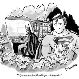 Batman And Superman In Batcave Looking At Small by Benjamin Schwartz