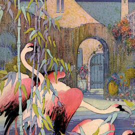 House and Garden Cover Featuring Flamingos in Front of an Archway by L V Carroll