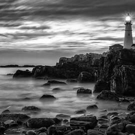 Blue Hour In Black And White Portland Head Light by Jeff Sinon