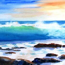 Blue Water Wave crashing on Rocks by Carlin Blahnik CarlinArtWatercolor
