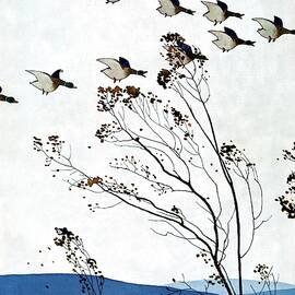 Canadian Geese Over Brown-leafed Trees by Andre E.  Marty