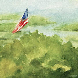 Cape Cod Beach with American Flag Painting by Beverly Brown