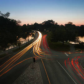 Car Trails By The Rideau Canal At Dusk by Alexandre Deslongchamps