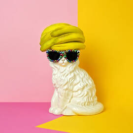 Cat Wearing Sunglasses And Banana Wighat by Juj Winn