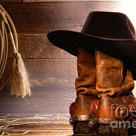 Cowboy Hat on Boots with Lasso by Olivier Le Queinec