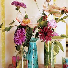 Dahlias And Peonies In Majolica Vases by James Merrell