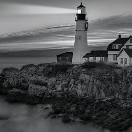 Dawn At Portland Head Light BW by Susan Candelario