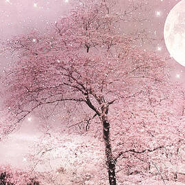 Dreamy Surreal Pink Fairytale Nature Trees Moon and Stars - Shabby Chic Pastel Pink Fairytale Nature by Kathy Fornal