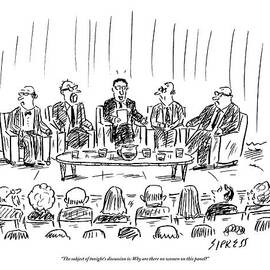 Five Men Sit On A Stage In Front Of An Audience by David Sipress