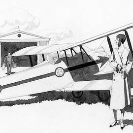 Illustration Of A Woman Standing Next To A Biplane by Pierre Mourgue