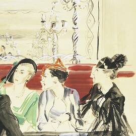 Illustration Of Three Women Wearing Designer Hats by Rene Bouet-Willaumez