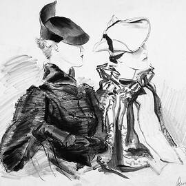 Illustration Of Two Women Wearing Berets And Capes by Rene Bouet-Willaumez
